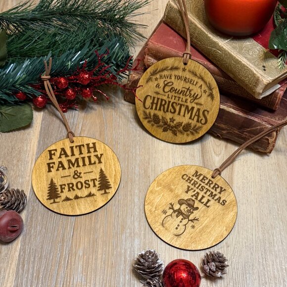 Wood Burned Christmas Ornaments Set of 3 Rustic Country Christmas Tree Decor - Picture 3 of 10